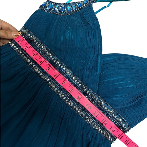 Adrianna Papell Blue Halter Dress with Beaded Details for Prom or Formal - Picture 15 of 16